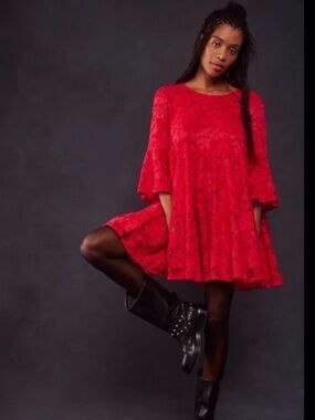 Free People Le Fleur Mini Dress in Lipstick Red Babydoll Lace XS